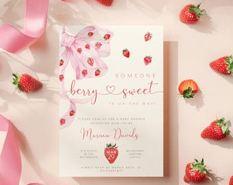 Pink ribbon strawberry baby shower invitation and phone invite, pink bow baby shower berry sweet, someone berry sweet, canva editable.
