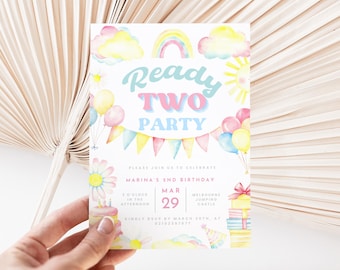 2nd birthday invite ready two party, girl second birthday, summer 2nd birthday, girl 2nd birthday, spring invitation, toddler birthday.