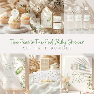 May include: A selection of baby shower items with a "Two Peas in the Pod" theme. The image shows cupcakes, invitations, water bottles, a welcome sign, and a diaper raffle sign. The color scheme is soft green and white.