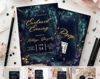 Enchanted Forest, Theme Quince, Sweet 16 Invitation, Quinceañera bundle, downloadable, Emerald Green, welcome sign and more.