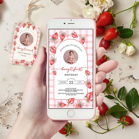 Berry first birthday invite with photo. Learn more in description below.