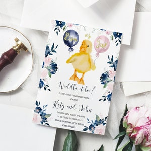 Waddle it be gender reveal duck invitation. Learn more about this Navy blue and pink invite in description box below.