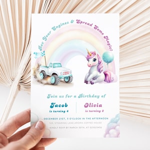 Unicorn and monster truck invitation, digital printable, birthday invite, canva template, siblings birthday, siblings invitation.