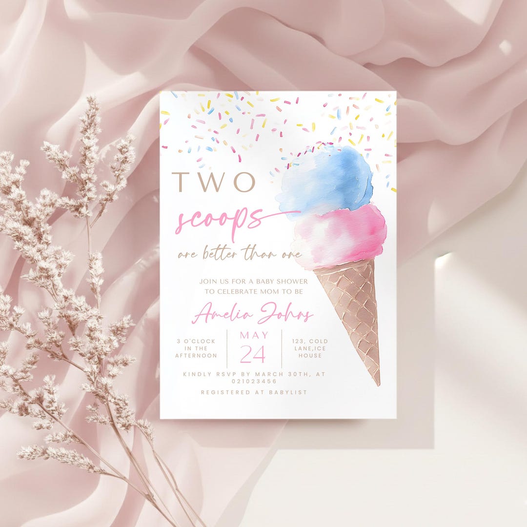 Two Scoops Better Than One, Baby Shower Printable Invitation, Twin Girl ...