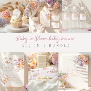 Baby in bloom baby shower invitation bundle printable, wildflower baby shower invitation and editable games, floral baby shower decorations.