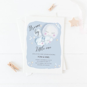 Invito baby shower "Sogna in grande, piccolo mio". Scopri di più su questo invito a tema luna nella descrizione qui sotto.