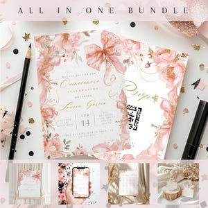 Może przedstawiać: Różowe i złote zaproszenie na Quinceañerę z kwiatowymi wzorami i kokardą. Zaproszenie zawiera datę, godzinę i miejsce wydarzenia. Tekst na zaproszeniu brzmi: "Proszę dołączyć do nas na uroczystość Quinceañery z okazji uczczenia Lauren Garcia. Godzina 16:00, 14 kwietnia. Prosimy o potwierdzenie obecności do 14 marca pod numerem 555-555-5555."