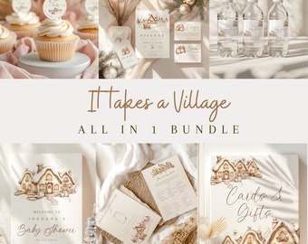 May include: A printable baby shower bundle with a winter village theme. The bundle includes a welcome sign, invitation, cards and gifts sign, and water bottle labels. The design features a watercolor illustration of a village with houses and snow.
