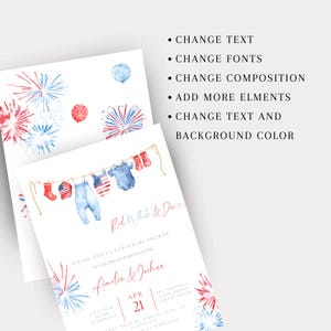 May include: Baby shower invitation featuring watercolour illustrations of baby clothes, fireworks, and a balloon in red, white, and blue. The invitation includes the text "Red, White & Due" and baby shower details.