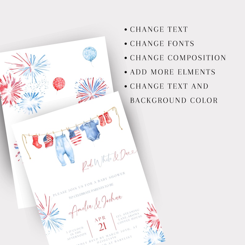 May include: Baby shower invitation featuring watercolour illustrations of baby clothes, fireworks, and a balloon in red, white, and blue. The invitation includes the text "Red, White & Due" and baby shower details.