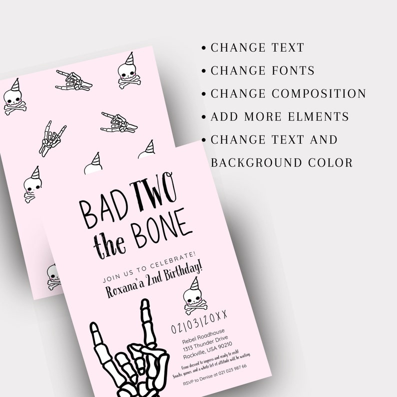 Pink Skeleton, Bones Birthday, Invite Printable, Bad to The, Bone