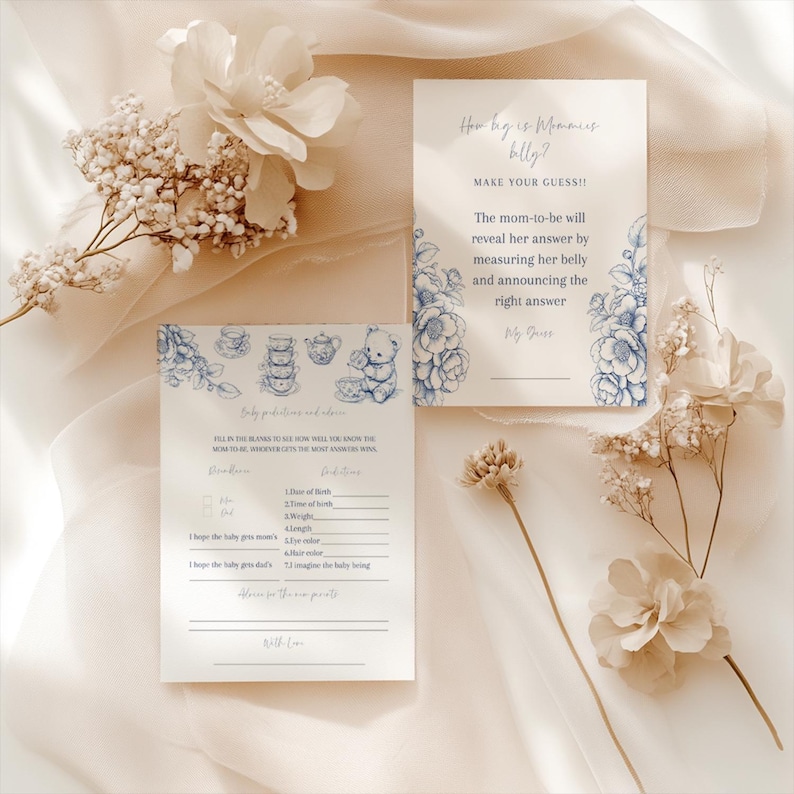 May include: A blue and white baby shower game card with a floral design. The card asks guests to guess the baby's birth details, such as the time of birth, weight, and length. The card also includes a section for guests to write their guesses for the baby's gender and hair color.