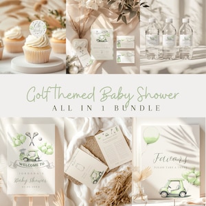 Golfbabyshower, uitnodigingsbundel, babyshower par-T-shirt, welkomstbord, douchespelletjes, luierloterij, boekverzoekkaart, bedankkaartjes en meer