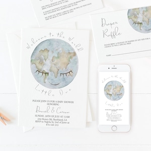 Welcome to the world little one Baby shower invitation. Around the world welcome baby party invite template. Click to learn more.