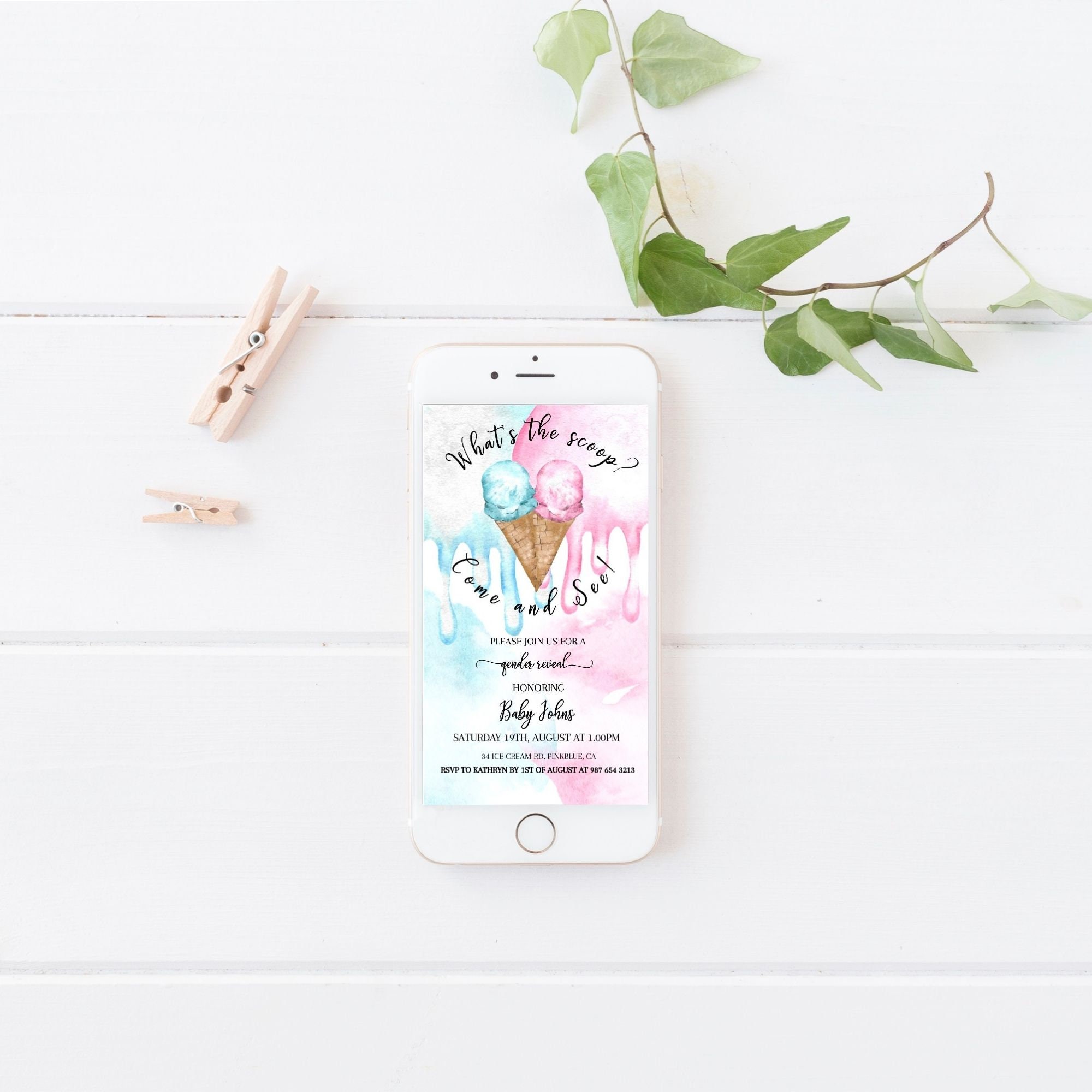 What S The Scoop Ice Cream Gender Reveal Invite Template Etsy