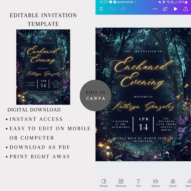 May include: Editable invitation template for an Enchanted Evening event, featuring a dark forest background with glowing lights and butterflies. The text includes the date, time, and location of the event, as well as the name of the honoree, Kathryn Gonzalez.  The invitation is available for instant download and can be edited on mobile or computer.