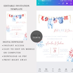 May include: A baby shower invitation template with a patriotic theme. The design features watercolor illustrations of baby clothes and socks hanging on a clothesline, with the text "Red, White & Due". The invitation includes details for the event.