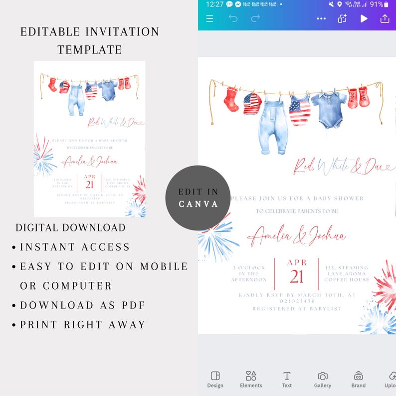 May include: A baby shower invitation template with a patriotic theme. The design features watercolor illustrations of baby clothes and socks hanging on a clothesline, with the text "Red, White & Due". The invitation includes details for the event.