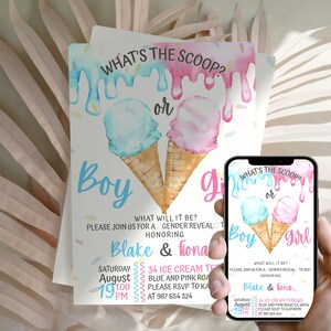 What's the scoop Ice cream gender reveal Invite. Template in printable and digital phone format learn more by clicking on description.