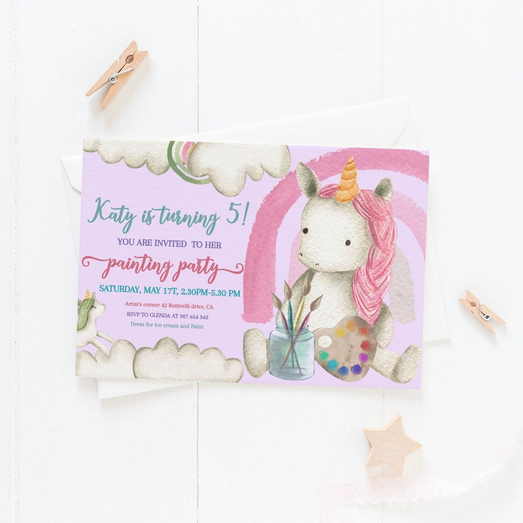 Rainbow Unicorn Paint Party Birthday Invitation. Learn More About This