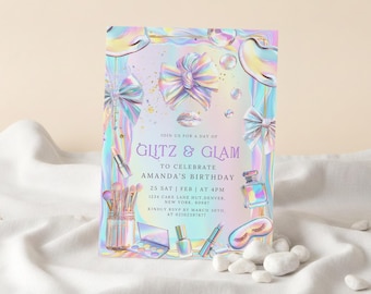 Glitz and glam birthday party invitation. Spa Makeup Birthday, Glow Spa Party, neon Makeup Party, Spa Party invite, Neon Glow Spa Party.