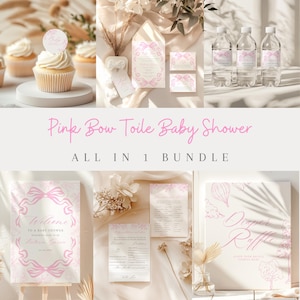 Pacote de convites para chá de bebê Toile de Jouy, modelo Canva com convite de laço rosa e balão de ar quente, placa de boas-vindas Toile, jogos e muito mais.