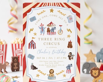 Three Ring Circus Birthday Invitation Template Vintage Carnival Invite Kids Canva