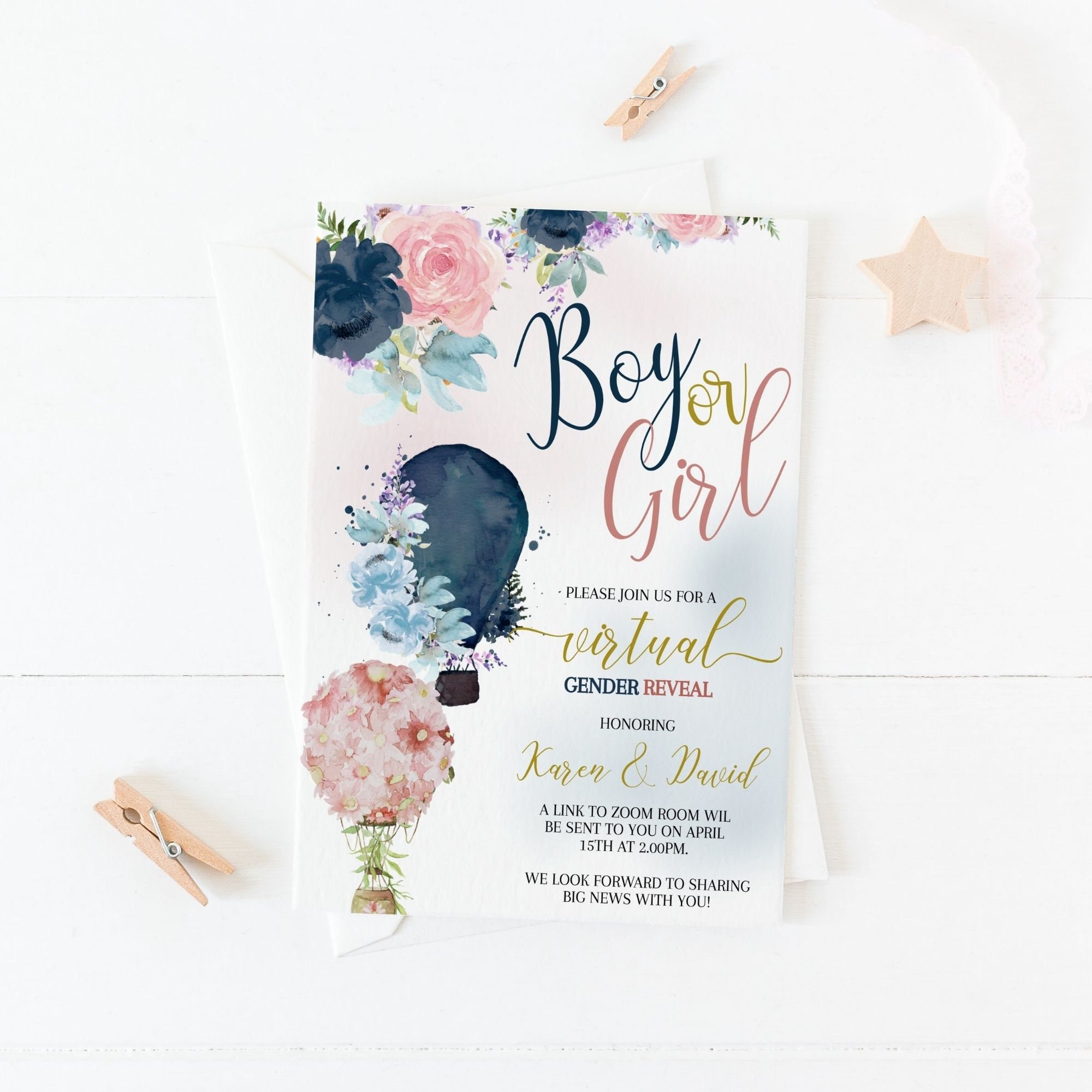 Virtual editable gender reveal invitation. Navy and blush hot Etsy