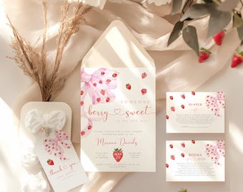 Pink ribbon strawberry baby shower invitation, pink bow baby shower, berry sweet, someone berry sweet, canva editable, printable template.