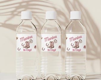 Editable Pink Disco Cowgirl Water Bottle Labels | Western First Birthday Drink Stickers Canva Template.