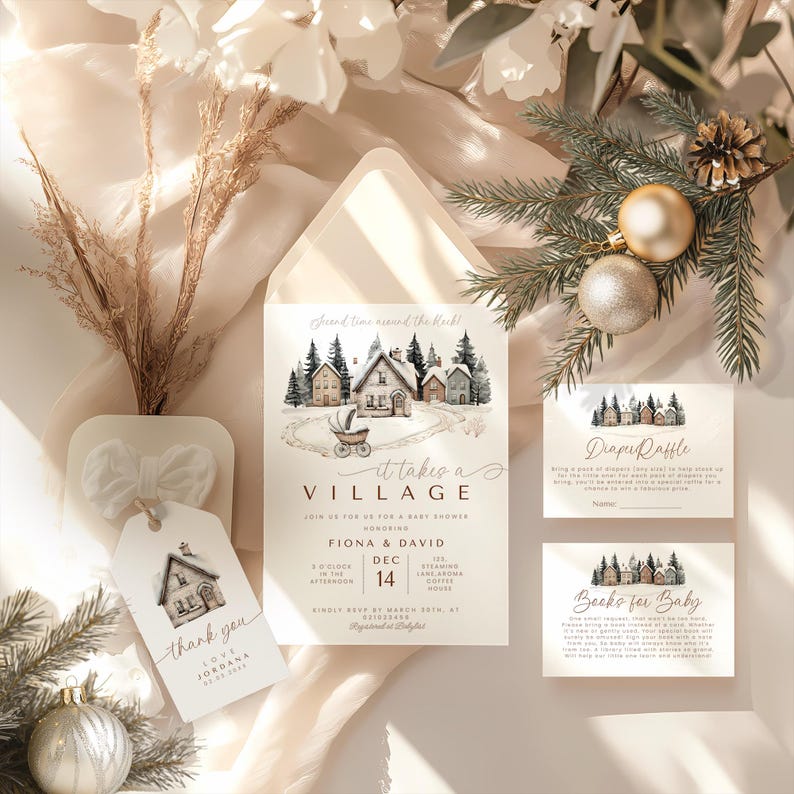 May include: A baby shower invitation suite with a watercolor village scene, including an invitation, thank you tag, and raffle cards. The invitation features the text "It takes a Village". The color palette is soft and neutral with wintery accents.