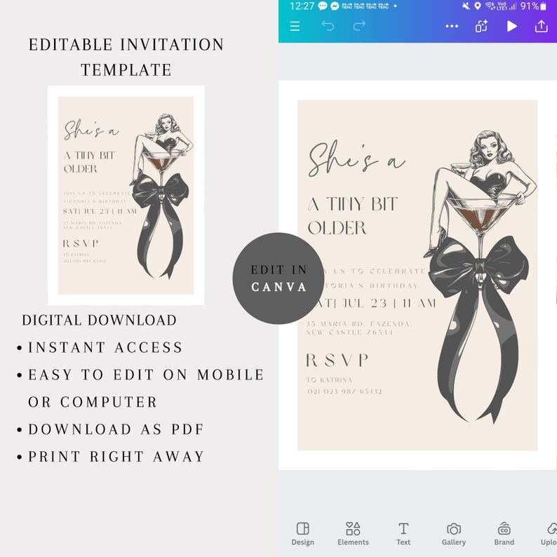 Puede incluir: Plantilla de invitaci&oacute;n editable para una fiesta de cumplea&ntilde;os. El dise&ntilde;o presenta a una mujer con un vestido sentada en una copa de martini con un lazo negro. El texto dice "She's a Tiny Bit Older" e incluye la fecha, la hora y la ubicaci&oacute;n de la fiesta. La invitaci&oacute;n est&aacute; disponible para descargar instant&aacute;neamente y se puede editar en dispositivos m&oacute;viles o computadoras.