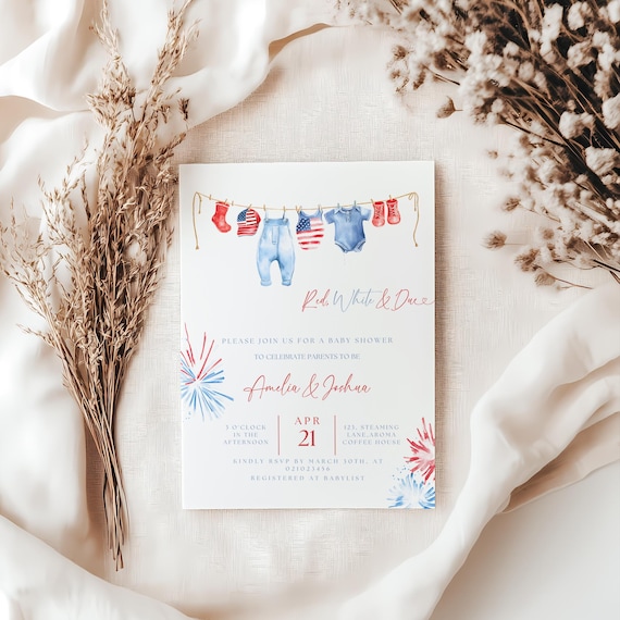 Made in USA baby shower invite, Red White and Due, All American invite, 4th July baby shower, All American baby, firecracker on way.