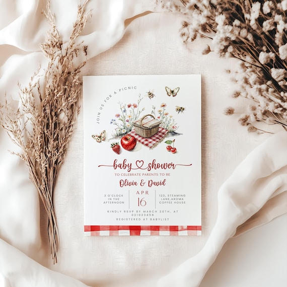 Picnic in the park baby shower invitation and invite, picnic baby shower, picnic invitation, picnic shower, baby shower picnic, outside.