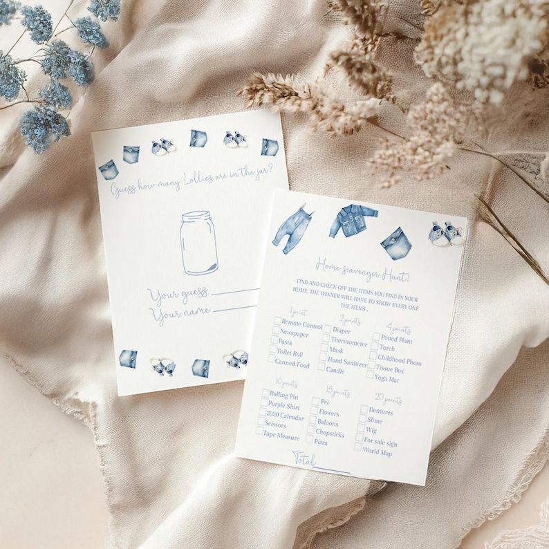 May include: Two white cards with blue watercolor illustrations and text. One card says "Guess how many Lollies are in the jar?" The other says "Home scavenger hunt!" with a checklist of items.