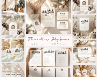 It Takes A Village Baby Shower bundle, winter village Games, Village Welcome Sign, Christmas Baby Holiday Baby Shower, December Baby Shower.
