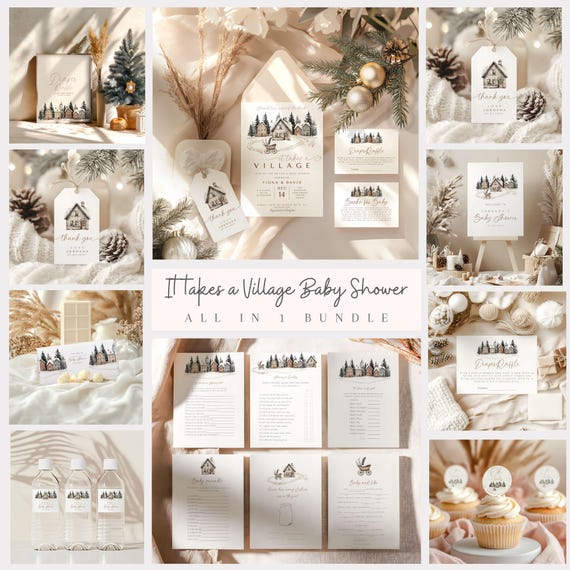 It Takes A Village Baby Shower bundle, winter village Games, Village Welcome Sign, Christmas Baby Holiday Baby Shower, December Baby Shower.