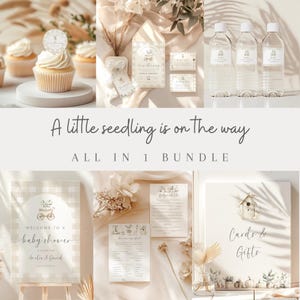 May include: A baby shower invitation bundle with a woodland theme. The invitation features a watercolor illustration of a birdhouse with a bird and a carriage with flowers. The text on the invitation reads "A little seedling is on the way".