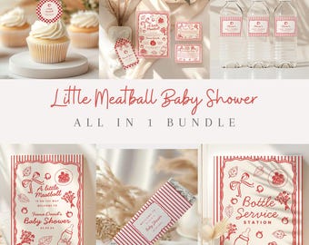 Little meatball baby shower invitations bundle includes welcome sign, whimsy favor tag, meatball theme games, diaper raffle card and more.