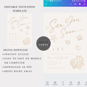 May include: An editable baby shower invitation template featuring the text "Sea You Soon". The design incorporates starfish, seashells, and coral illustrations. The invitation is a digital download, easy to edit on mobile or computer, and ready to print.