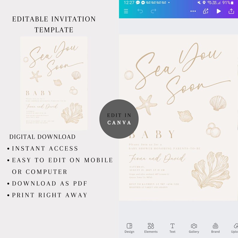 May include: An editable baby shower invitation template featuring the text "Sea You Soon". The design incorporates starfish, seashells, and coral illustrations. The invitation is a digital download, easy to edit on mobile or computer, and ready to print.