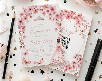 Quince invitations cherry blossom, sakura invite, Qr Code For Rsvp Quince, Downloadable princess quinceanera, editable canva template.