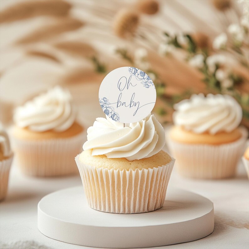 May include: Blue and white cupcake toppers with the text "Oh baby" in a script font. The toppers are on top of cupcakes with white frosting.