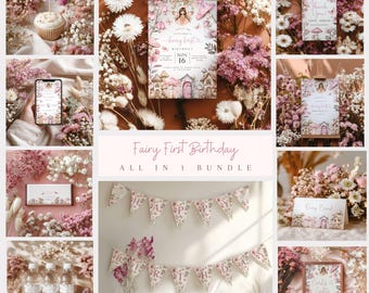 Può includere: Un collage di articoli per feste a tema fatato. Include inviti, banner, decorazioni per cupcake ed etichette per bottiglie d'acqua. Il testo "Fairy First Birthday" e "All in 1 Bundle" sono visibili. I colori sono rosa e bianco tenui.