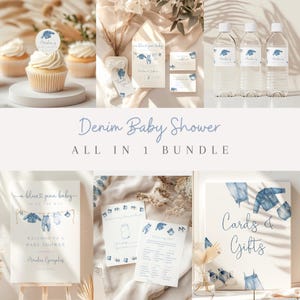 May include: A collection of baby shower decorations with a denim theme. The image includes cupcakes, invitations, water bottle labels, a welcome sign, and a sign for cards and gifts. The text "Denim Baby Shower" and "All in 1 Bundle" is visible.