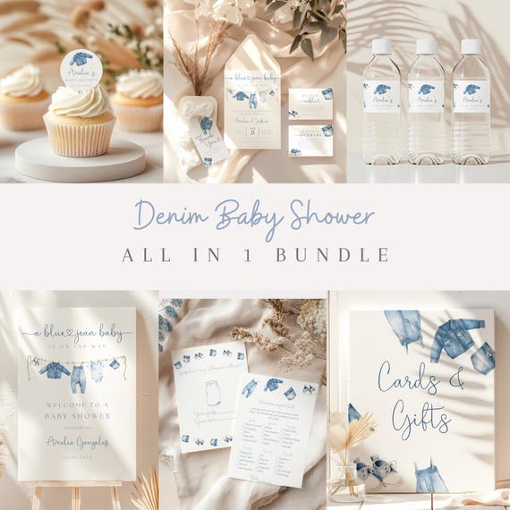 Denim Baby Shower Invitation Bundle | Baby Boy Overalls Theme | Editable Rustic Printable Invite Set | Blue Jean Baby Shower Decor