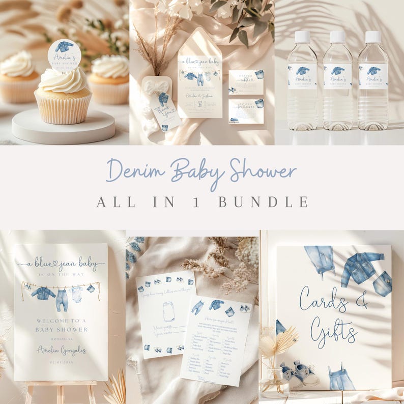 May include: A collection of baby shower decorations with a denim theme. The image includes cupcakes, invitations, water bottle labels, a welcome sign, and a sign for cards and gifts. The text "Denim Baby Shower" and "All in 1 Bundle" is visible.