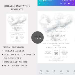 May include: A digital invitation template for a gender reveal, featuring a cloud-shaped design with the text "a little piece of heaven." The invitation includes details for Carol & Joshua's event on December 20th.