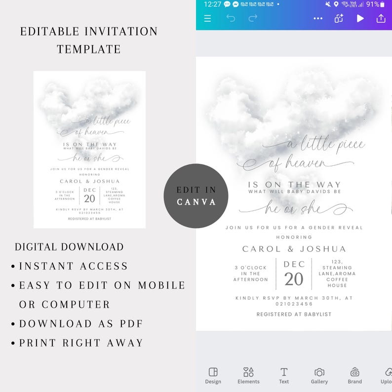 May include: A digital invitation template for a gender reveal, featuring a cloud-shaped design with the text "a little piece of heaven." The invitation includes details for Carol & Joshua's event on December 20th.