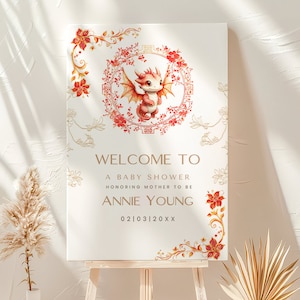 Year of dragon, baby shower, welcome sign, canva template, printable poster, 100 days, red egg, chinese baby shower, full month print.